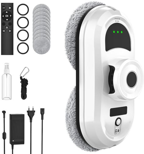 SWBSLL Robot Limpiacristales 5600Pa, Limpia Cristales Eléctrico | Pulverizador Integrado, Navegación Inteligente, 3 Modos, Sistema UPS Anticaída, Mando, 10 Paños, para Ventanas y Mamparas