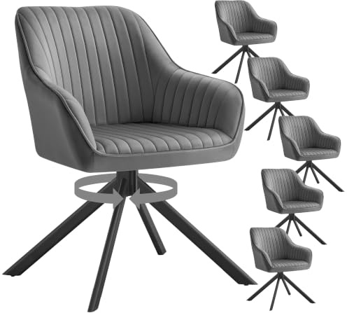 SONGMICS Esszimmerstuhl, bis 120 kg belastbar, Küchenstuhl, Sessel drehbar, Samt, Polsterstuhl mit Armlehnen, Stahlbeine, für Esszimmer, Küche, 6er Set, grau-tintenschwarz KDC161G01V2-6J