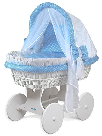 waldin Baby Stubenwagen-Set mit Ausstattung, XXL, Bollerwagen, komplett, 24 Modelle wählbar, Gestell/Räder weiß lackiert, Stoffe Punkte