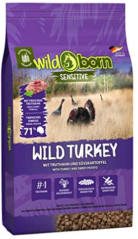 Wildborn Wild Turkey mit Truthahn & Süßkartoffel | getreidefreies Hundefutter, sensitives Hundefutter ohne Zusatzstoffe mit extra viel Fleisch Made in Germany