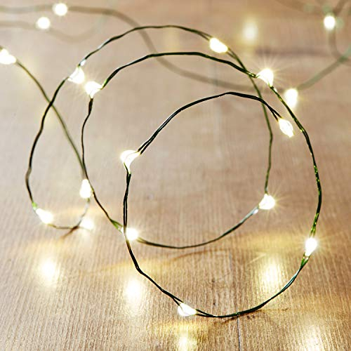 Lights4fun - Filo di 50 Micro LED Bianco Caldo a Pile su Cavo Metallico Verde
