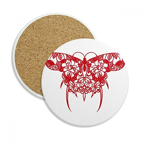 Chinese Kite Butterfly in Red Ceramic Coaster Cup Mug Holder Absorbent Stone for Drinks 2pcs Gift