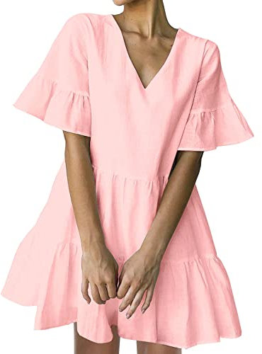 FANCYINN Robe Courte Femme Ourlet à Volants Lin Casual Robe Patineus Rose XS