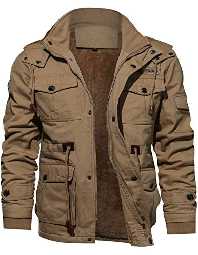 KEFITEVD Thermo Jacke Herren Winter Gefüttert Fleecejacke Warm Baumwolljacke Verdickt Winterparka Outdoor Freizeit Jacke Männer Khaki XL