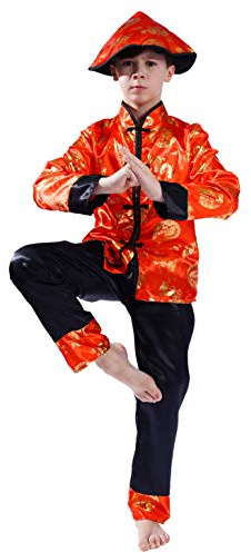 PGOND Boys Red Traditional Chinese Dragon Kung Fu Costume With Hat (L)