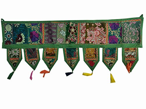 ICC valances for Windows Toran Cotton Vintage Patchwork Door Hanging Valance Window Hand Embroidered Bohemian Decor Living Room Wall Bedroom Home Handmade Decorations Dark Green 42 Inches