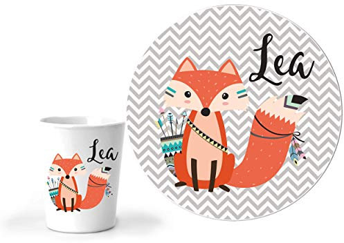 JUNALOO 2-teiliges Kindergeschirr Set mit Namen Taufgeschenk für Mädchen und Jungen Personalisiert - Boho Kinderteller Fuchs Teller Taufe Geschenk zur Geburt