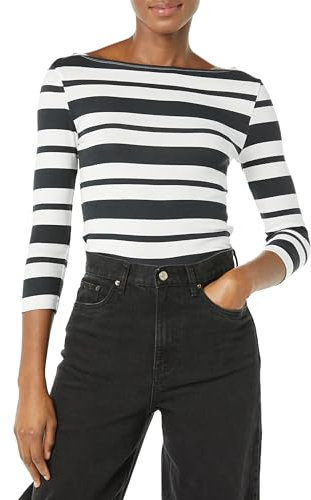 Amazon Essentials Women's Slim-Fit 3/4-Sleeve Boat-Neck T-Shirt, Black White Placed Stripe, XL