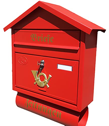 Großer Briefkasten/Postkasten XXL Rot Matt mit Zeitungsrolle Zeitungsfach Spitzdach Zeitungsrohr Wandmontage
