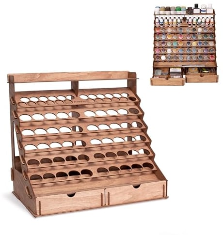 Plydolex Organizador de pintura de madera para 74 botellas de pinturas y 14 pinceles de pintura, organizador de pintura con 2 gabinetes para herramientas de arte y 6 soportes en miniatura