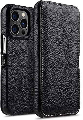 STILGUT Book Case kompatibel mit iPhone 13 Pro (6.1“) Hülle aus Leder mit Clip-Verschluss, Klapphülle, Handyhülle, Lederhülle - Schwarz