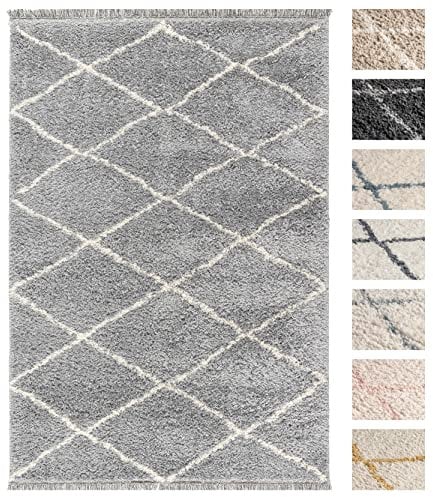 Wohnzimmer Shaggy Teppich 160 x 230 Silber Diamantmuster, Super Soft Moderner Hochflor Teppich