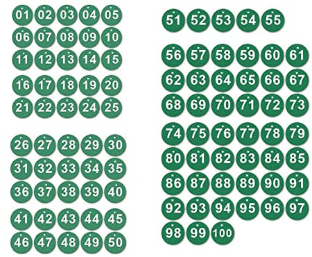 Gravierte Nummernschilder, Tischplatzschilder, Nummernschilder aus Kunststoff, runde Schlüsselnummernschilder, Nummernschilder, Schlüsselringe (grüne Nummer 1-100)