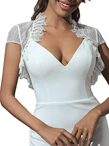 Unicra Abend-Bolero-Jacke aus Spitze, kurze Ärmel, Spitzen-Topper, weiß, Brautkleid, Cape für Damen und Brautjungfer, weiß, 42