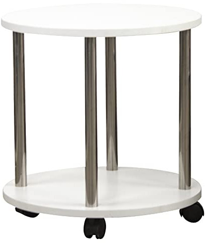 BAKAJI Tavolo Tavolino Salotto con 4 Ruote Carrello Carrellino Legno MDF Bianco da Caffè Design Minimal Arredamento Arredo Portaoggetti Mobile Soggiorno Cucina Bagno Doppio Ripiano Scaffali (Rotondo)
