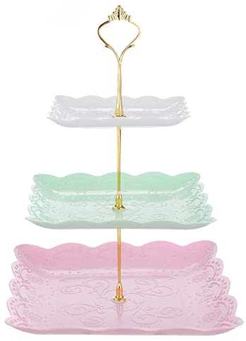 Qiwenr Alzata in Plastica per Frutta Dolci Torta Alzata Per Torta a Tre Livelli,Alzatina per Dolci Plastica Piastra Supporto Alzata per Dessert,per Feste Matrimoni Compleanni Tea Party