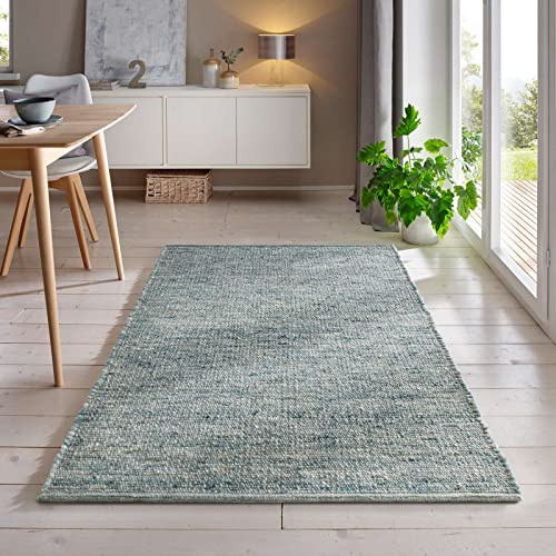 Handweb-Teppich aus Schurwolle in Skandinavischem Landhaus Design in vielen aktuellen Farben für Wohnzimmer, Esszimmer, Schlafzimmer, Flur, auch als Läufer beidseitig verwendbar grün 090x160 cm