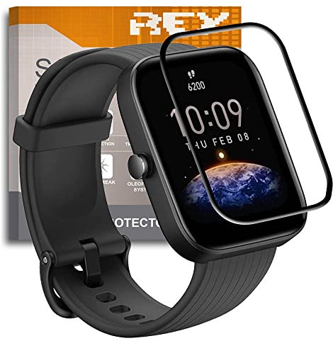 REY 2X Protector de Pantalla Curvo 3D para AMAZFIT BIP 3 - AMAZFIT BIP 3 Pro, Negro, Protección Completa, 3D / 4D / 5D
