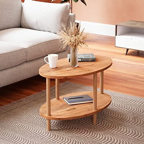 [en.casa] Couchtisch Højreby Sofatisch mit 1 Ablage oval Wohnzimmer 70 x 44 x 43 cm Beine aus Buchenholz Holzoptik
