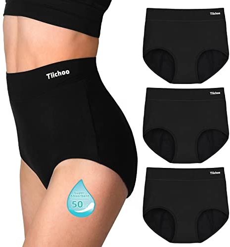 TIICHOO Periodenunterschwäsche Starke Blutung Hohe Taille Inkontinenzhose Damen 3 Pack (46, 3 Schwarz)
