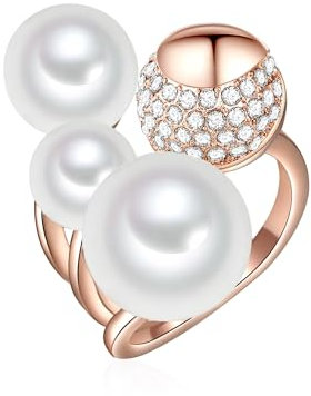 Lulu & Jane Damen-Ring aus Messing rosévergoldet mit Muschelkernperlen Rund 8-12 mm weiß Glassteine - Perlenring Cocktailring