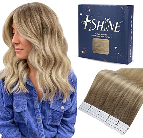 Fshine Tape Extensions Echthaar 50cm 20 Stück 50g Haarverlängerung Echthaar Extensions Tape Balayage Kastanienbraun zu Honigblond und Platinblond Farbe 6 27 60