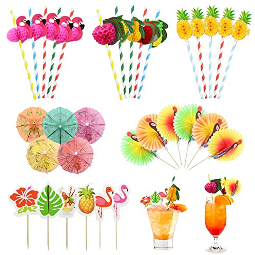 Gukasxi 74Pcs Cocktail Party Decorations, Cocktail Decorative Paper Straws, Paper Umbrella Sticks, Peacock, Flamingo, Pineapple Fruit Sticks Bamboo Toothpicks, Snacks Drink Decorative Cocktail Sticks