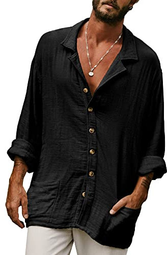 YAOHUOLE Men's Linen Shirt Collection Stylish Long Sleeve Linen Shirts for Men Grandad Shirts Perfect Summer Beachwear Black XL