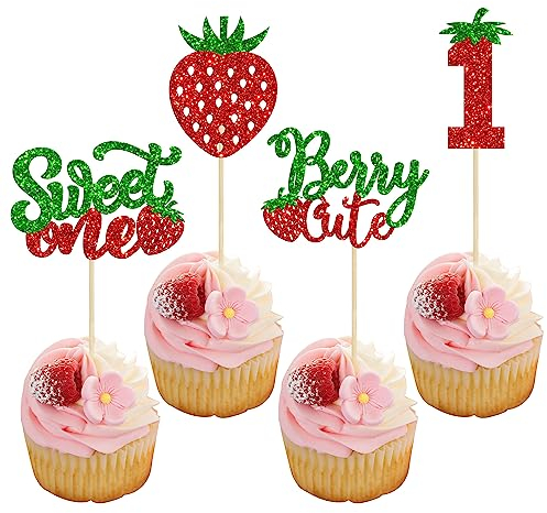 24Pcs Sweet One Cupcake Toppers Glitter First Birthday Strawberry Cupcake Picks for Fruit Baby Shower 1st Birthday Berry Sweet Cupcake Decorations Party Supplies Green