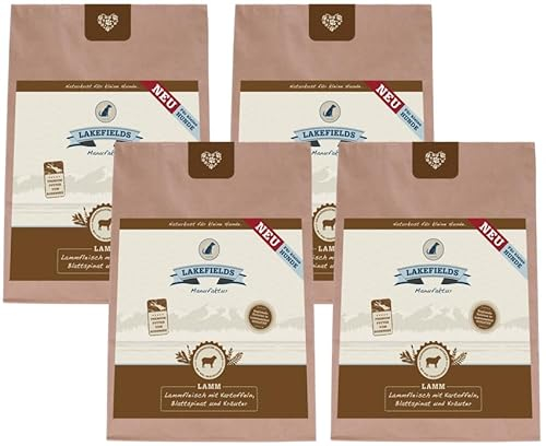 Lakefields Premium Hundefutter trocken | Lamm 68% | 4 x 1kg | Getreidefreies Trockenfutter für kleine Hunde | Extra kleine Kroketten | Zucchini, Äpfel & Spinat | Zutaten in Lebensmittelqualität