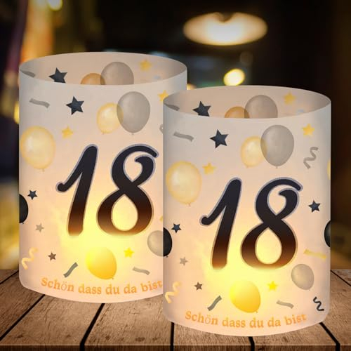 12 Windlicht Tischdeko 18 Geburtstag, Deko 18. Geburtstag Junge Mädchen, 18 Jahre Happy Birthday Tischdeko, Geeignet für Teelichter oder Kerzen