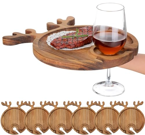 Maxcheck 6 Stück Weihnachts-Charcuterie-Bretter 30,5 cm Wein Vorspeisenteller Akazienholz Weihnachts-Schneidebrett Serviertablett Teller Hirschgeweih Cocktailteller mit Weinhalter Dekor für Küche