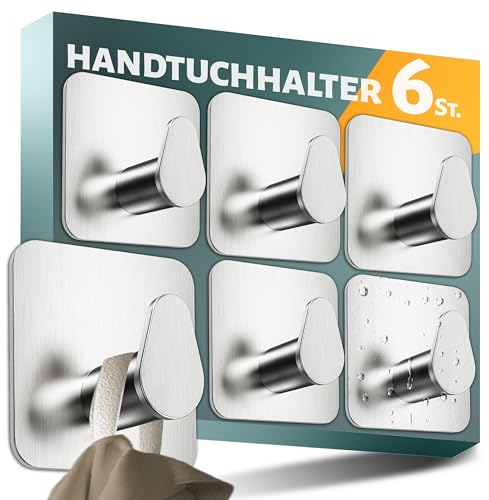 Menz Handtuchhalter ohne Bohren 6er SET - Handtuchhaken Bad Edelstahl, funktionale ovale Haken selbstklebend - Starke Klebehaken oval als stilvolle Wandhaken