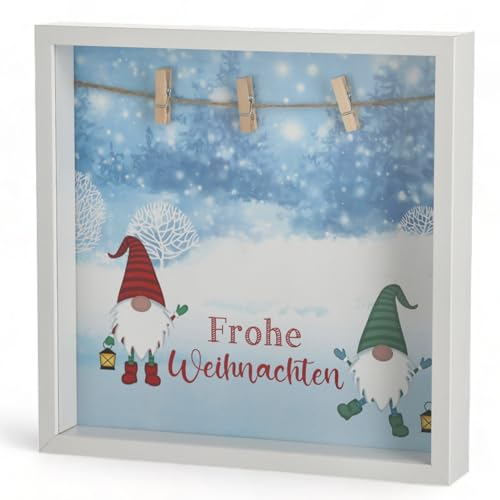 MIJOMA Zauberhaftes Weihnachten Geldgeschenk im märchenhaften weißen Bilderrahmen, Süße Wichtel Szene, Perfekte Geldgeschenkverpackung, DIY Freude, 28cm Märchenwelt, Qualität in MDF