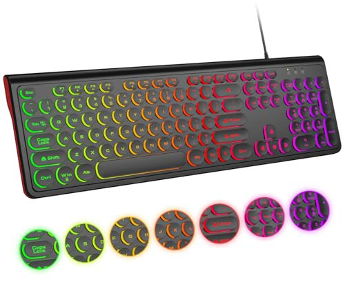 Atelus Teclado con cable USB con retroiluminación de 7 colores, teclado de tamaño completo con teclas retro, teclado numérico y teclas de acceso rápido multimedia para computadora, computadora de
