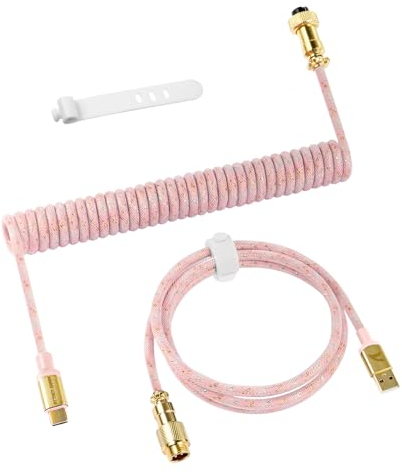 ATTACK SHARK C03 Coiled USB C Cable for Gaming Keyboard, Type-C to USB-A, PRO Custom Braided Double-sleeved Mechanical Keyboard Charger Cable with Gold-plate Detachable Aviator Connector, Pink