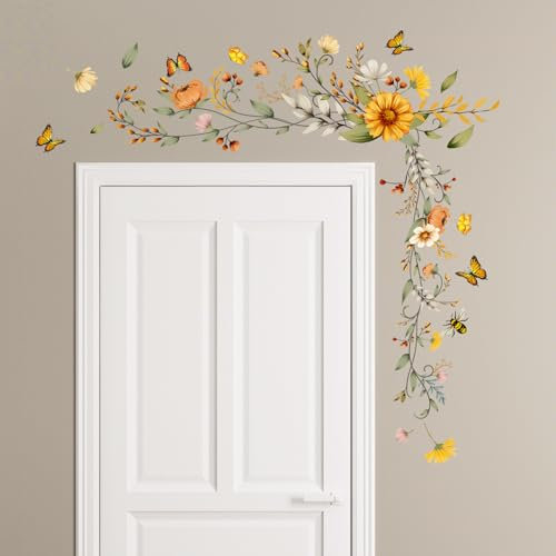 Tanlaby Floral Colorido Vinilo Pared, Plantas Verdes Pegatinas de Pared Autoadhesivo Removible Flores de Colores Mariposas Vinilos Decorativos para Dormitorio Salón Oficina Sofá Fondo Decoracion Pared