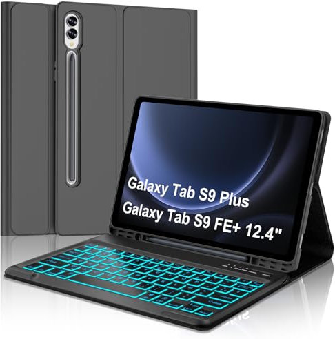 JADEMALL Coque Clavier pour Samsung Tab S9 FE+/S9 FE Plus 12.4, AZERTY Français Clavier Rétro-éclairé Magnétique Détachable Bluetooth pour Samsung Galaxy Tab S9 FE+/S9 FE Plus 12.4, Noir