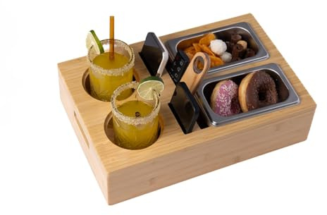 Couchbar aus Bambu Holz, Couchbar Snackbox, Praktischer Sofa Tablett mit Zwei Snackschalen Organizer Soßenteller und Flaschenhalter mit abnehmbarem, Geschenk für Männer & Frauen