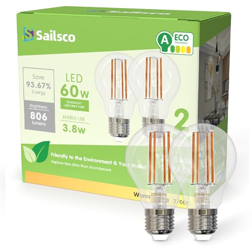 sailsco Classe A Ampoule LED Filament Standard E27 A60,3.8W Equivalent à Ampoule Incandescence 60W,806LM 2700K Blanc Chaud Claire Verre,Ampoule Edison Vintage,Non Dimmable,Lot de 2
