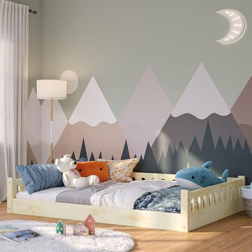 Bellabino Bodenbett Miera 140x200 cm, Montessori Kinderbett Natur lackiert, Bett für Kinder inkl. Rausfallschutz und Rolllattenrost mit offener Seite aus Birke Sperrholz