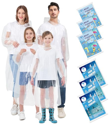TUNCHMO Disposable Rain Ponchos Family 6 Pack-50% Thicker Emergency Ponchos Waterproof for Adults and Kids with Sleeves