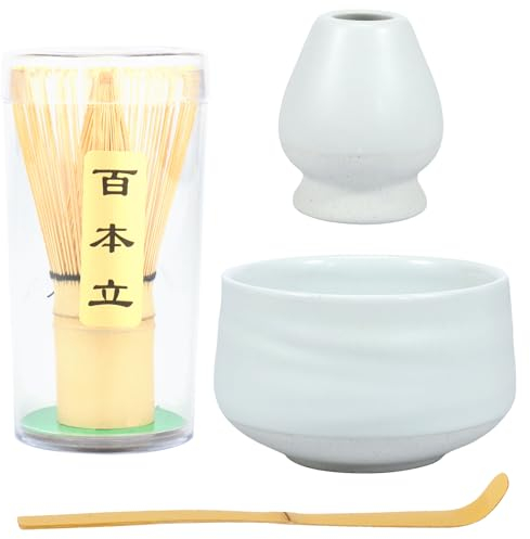 Japanese Matcha Tea Set Matcha Starter Making Kit with Matcha Whisk and Bowl Scoop,Matcha Whisk Holder,Safe Bamboo Tea Whisk and Ceramic Bowl Set for Matcha Tea Making Usucha, Koicha and Matcha Latte