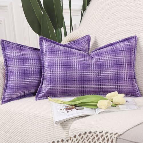 Madizz 2 Pezzi Cuscini decorativi in Poliestere e Lino all'aperto Copricuscini con bordo largo Morbido Decorativo Fodere per Cuscino Lusso Stile per Patio Divano Camera da Letto 30x50 cm Viola