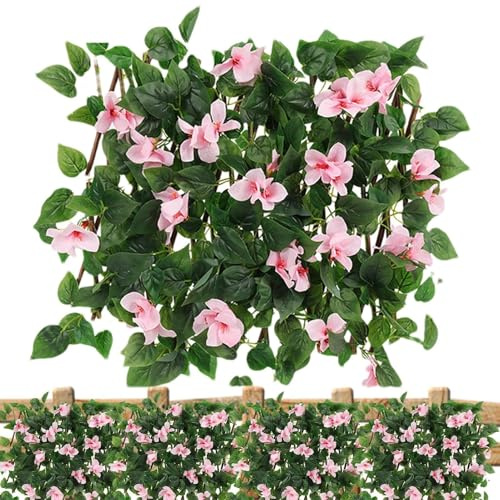 Ausziehbare Gartenspalierpaneele, Sichtschutz for Gartenzäune mit künstlichem Efeu und violetten Blüten, ausziehbarer dekorativer Sichtschutz aus künstlichem Efeu, grüne Kulisse for Hinterhof, Balkon