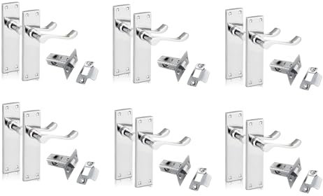 Epsom Door Handle Chrome Scroll Door Handle Set with Tubular Latches - Victorian Style Internal and External Lever Door Handles with Backplate 150mm x 42mm Sets 6