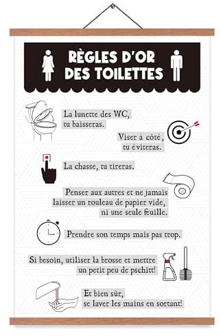 Tableau des Règles des Toilettes, Règles d'Or des Toilettes, Décoration WC, Affiche à Suspendre, avec Porte-Affiche en Teck, Cadeaux Créatifs, DIN A2 (60 x 40 cm)
