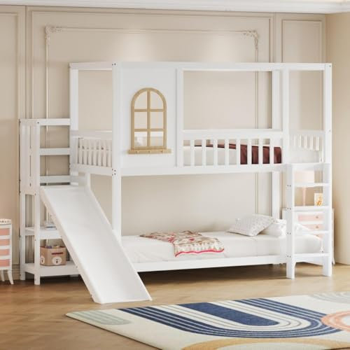 Sweiko Lit superposé pour Enfants 90 * 200 cm, Cadre de lit Double en Forme de Maison avec fenêtre, lit surélevé avec Toboggan, échelle de sécurité et Espace de Rangement, Blanc (Matelas Non Inclus)