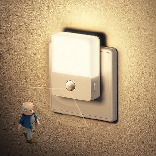 JandCase Nachtlicht Steckdose mit Bewegungsmelder 2 Stück, Nachtlicht 3 Helligkeit Dimmbare, ON/OFF/AUTO Modi, Warmweiß 3000K, LED Steckdosenlicht für Schlafzimmer, Kinderzimmer, Küche, Flur, Treppe
