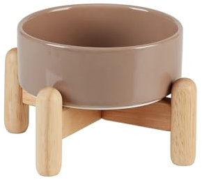 Havniva Ceramic 5.1inch Raised Dog and Cat Bowl Set, Elevated with Wooden Stand, Food and Water Bowl for Toy Breed Dogs, Cats, Kitty, Weighted Dog Dishes, Pet Bowls(13.5oz, Brown Coffee)